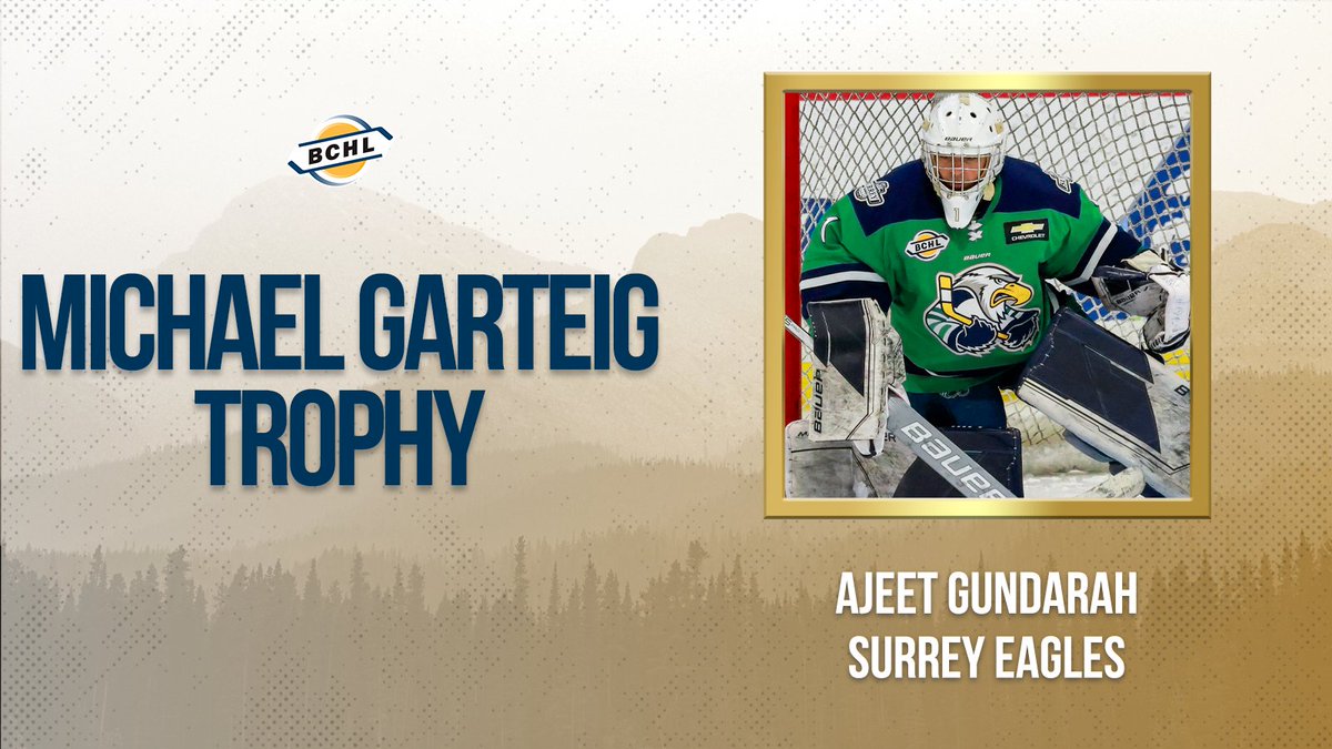 A brick wall all year long, the winner of the Michael Garteig Trophy for the BCHL's Top Goaltender in 2023-24 is Surrey Eagles netminder Ajeet Gundarah who posted a league-best .931 save percentage this season! #BCHL