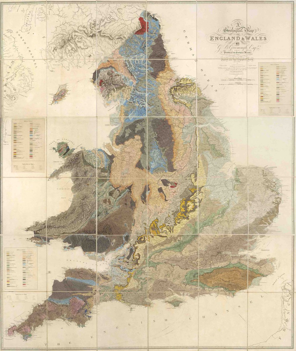 And here is the 1840 2nd edition. Greenough improved both geology and colours without losing his original naturalistic aims: 'The original colouring of a geolog. map demands a great deal of reflection and discrimination – so much so at least as the colouring of a picture.'