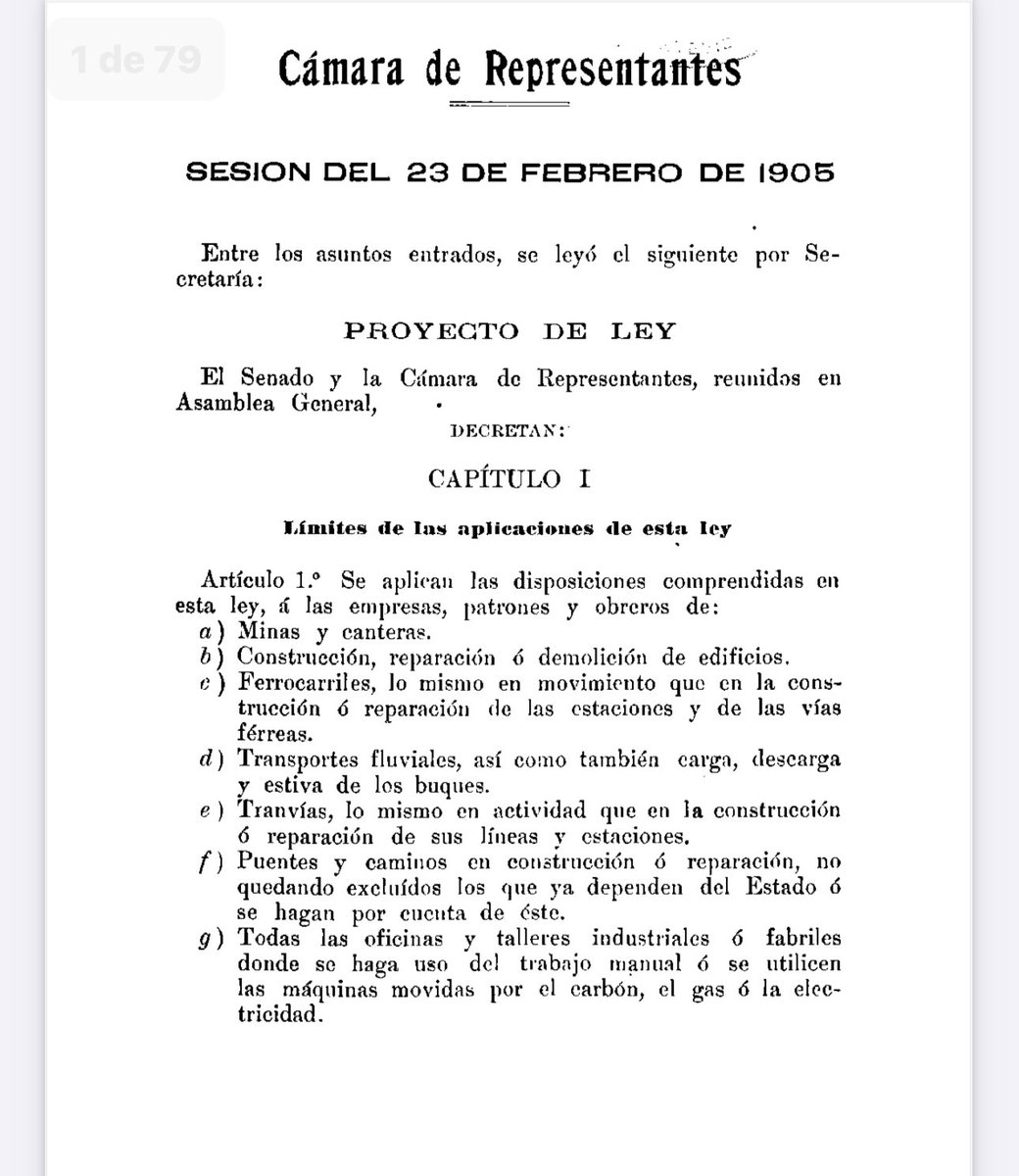 Para no Olvidar en 1905 La ley de 8 horas de trabajo, fue el primer proyecto sobre la reducción del horario de trabajo fue presentado por los legisladores Luis Alberto de Herrera y Carlos Roxlo