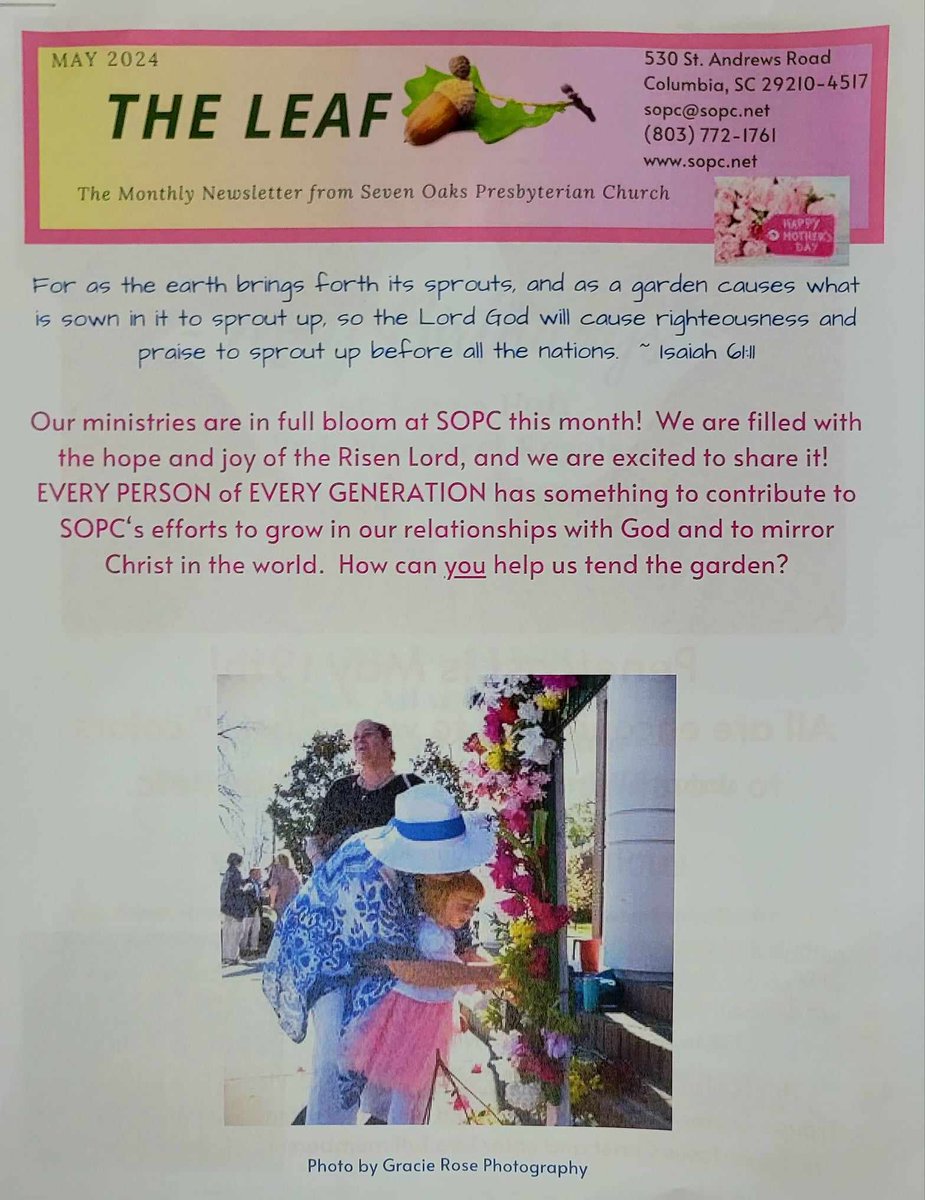 Seven Oaks Presbyterian Church (@sevenoakspc) on Twitter photo Our May edition of The Leaf π± newsletter π° is hot π₯ off the presses! If you do not receive emails π§ from the church & would like to, or if you would like a paper copy, email sopc@sopc.net. @gracierose_photog #SevenOaksPCUSA #columbiasc #PCUSA #SOPC #churchesincolumbiasc π Our May edition of The Leaf π± newsletter π° is hot π₯ off the presses! If you do not receive emails π§ from the church & would like to, or if you would like a paper copy, email sopc@sopc.net. @gracierose_photog #SevenOaksPCUSA #columbiasc #PCUSA #SOPC #churchesincolumbiasc π