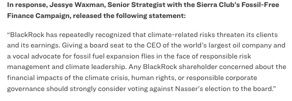 The @NYCComptroller is right: Amin Nasser (CEO of @aramco, the world's largest oil producer) is not qualified to serve on @BlackRock's board. Shareholders should not support his nomination at the upcoming AGM for 3 reasons 🧵 sierraclub.org/press-releases…