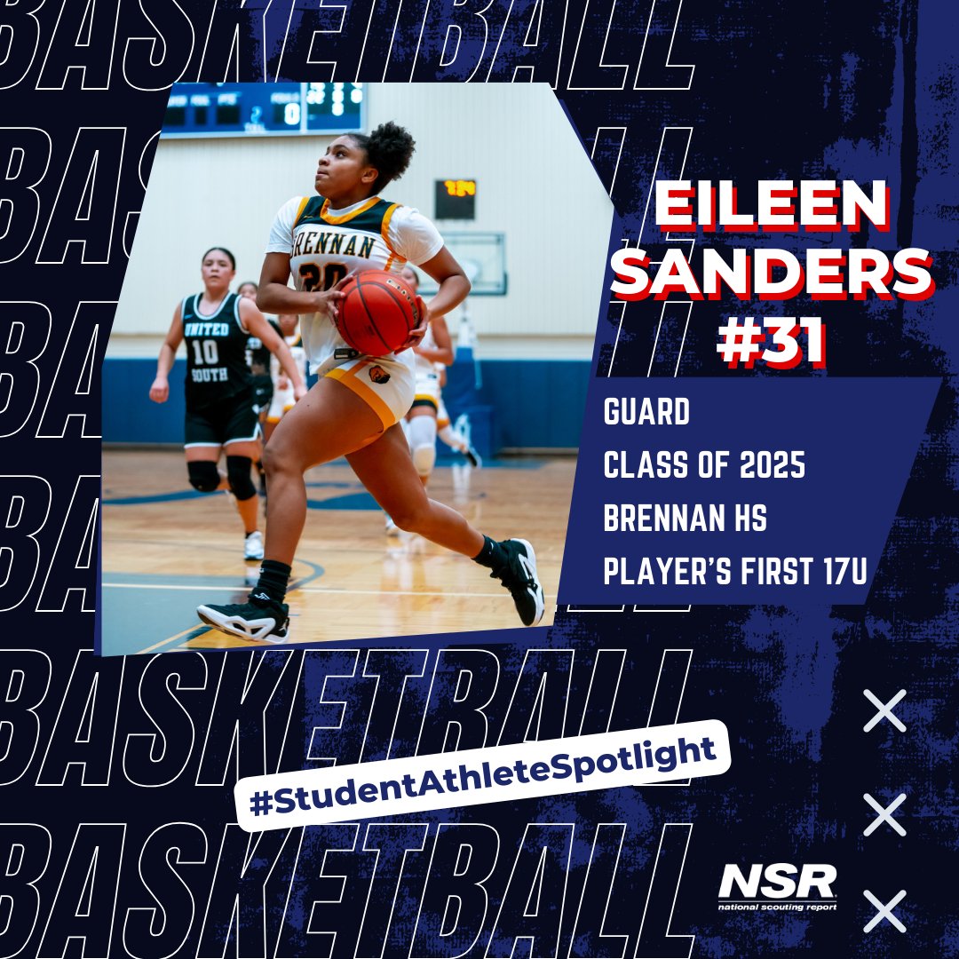 #StudentAthleteSpotlight 🔦 Eileen Sanders 🏀 @3ileen_hoops 🎓2025 5'3 Guard 🏫Brennan HS/Player's First 17U 📚3.9 GPA 🏆1st Team All-Region as Fresh. (Int'l) 🎖️Offensive Player of the Year as Soph. 👇Click here for video & more info about Eileen! evo.nsr-inc.com/prospect_detai…