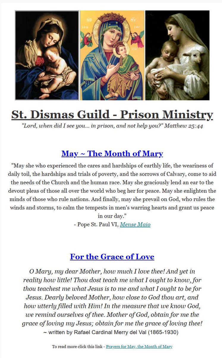 Our #May Newsletter is live! Click the link below to check it out! 

mailchi.mp/8721f9efea60/d…

Find us on Facebook!: facebook.com/StDismasGuild/…

#MamaMary #MotherMary #BlessedVirgin #BlessedMother #Newsletter #Catholic #CatholicX #CatholicChurch #prisonministry #restorativejustice