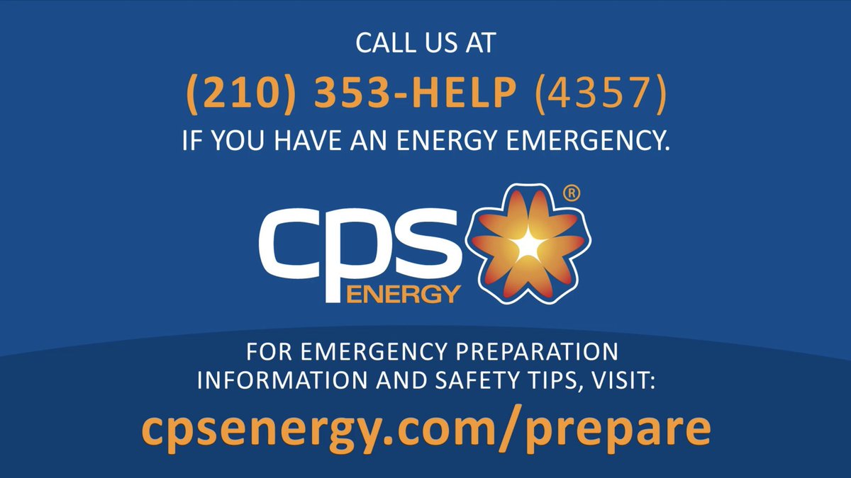 As a safety reminder:  

🛑Remember to #MoveOver or #SlowDown if you see our crews out on the road
⚠️Do not go near or drive over downed power lines. Make a report to CPS Energy at 210-353-HELP (4357)
🚨Report or view outages at cpsenergy.com/outagecenter

Follow for updates!