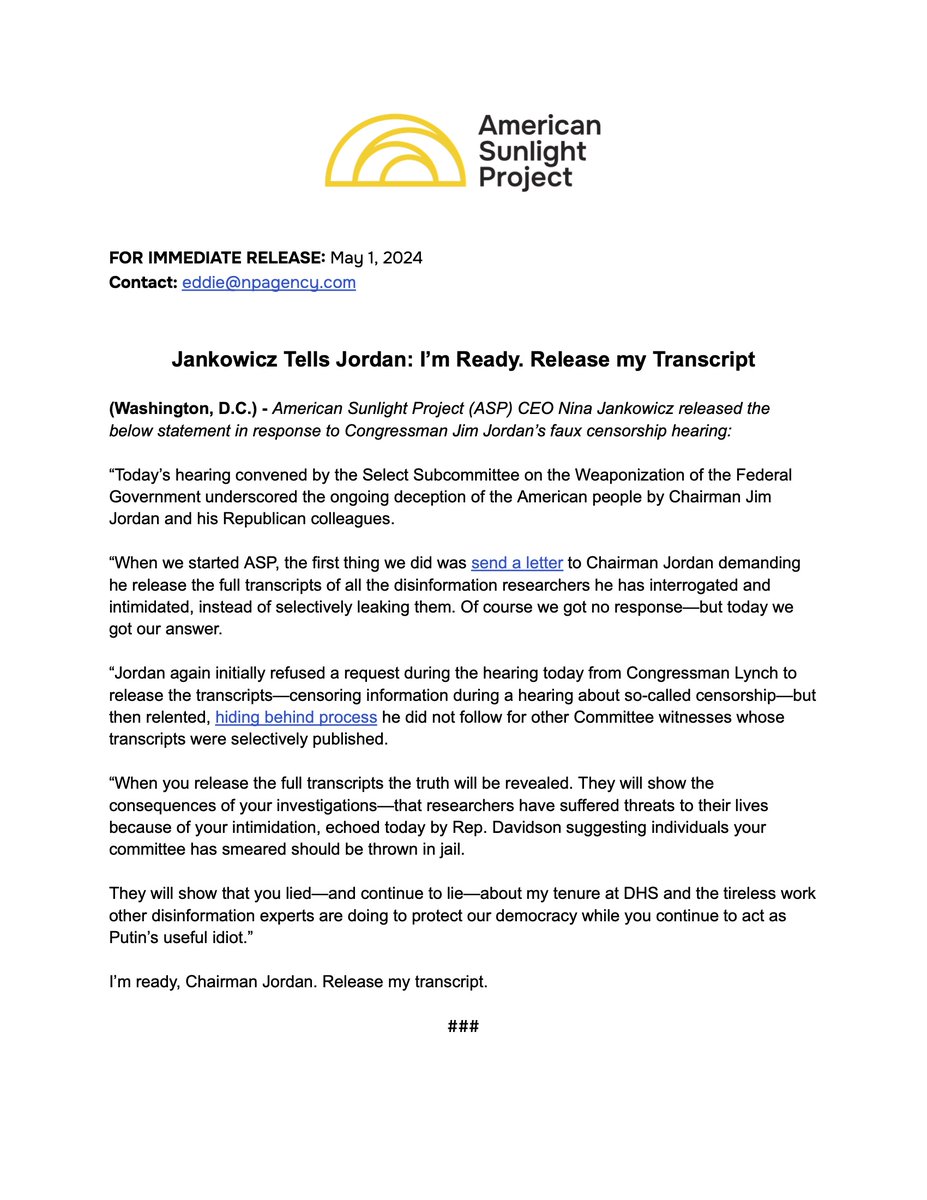 Statement from American Sunlight Project CEO Nina Jankowicz on the House Judiciary Hearing on May 1, 2024.