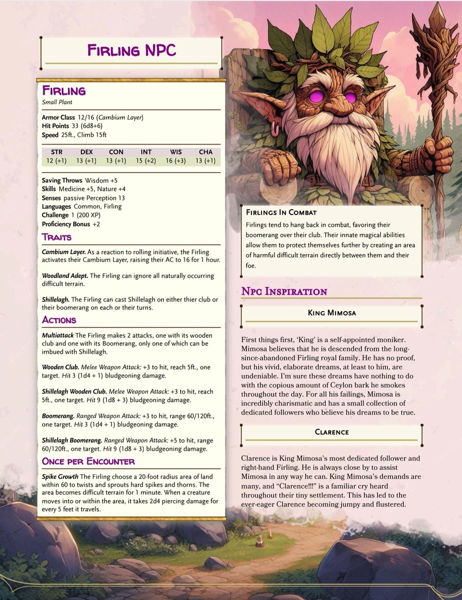Fleshed out the Firling a little. In addition to the two abilitys they already had, the player can now choose an additional Firling 'feat' at 1st, 5th and 11th Level. Oh, and I also made a Firling Npc stat block.

#dungeonsanddragons #dnd #rpg #ttrpg #onednd