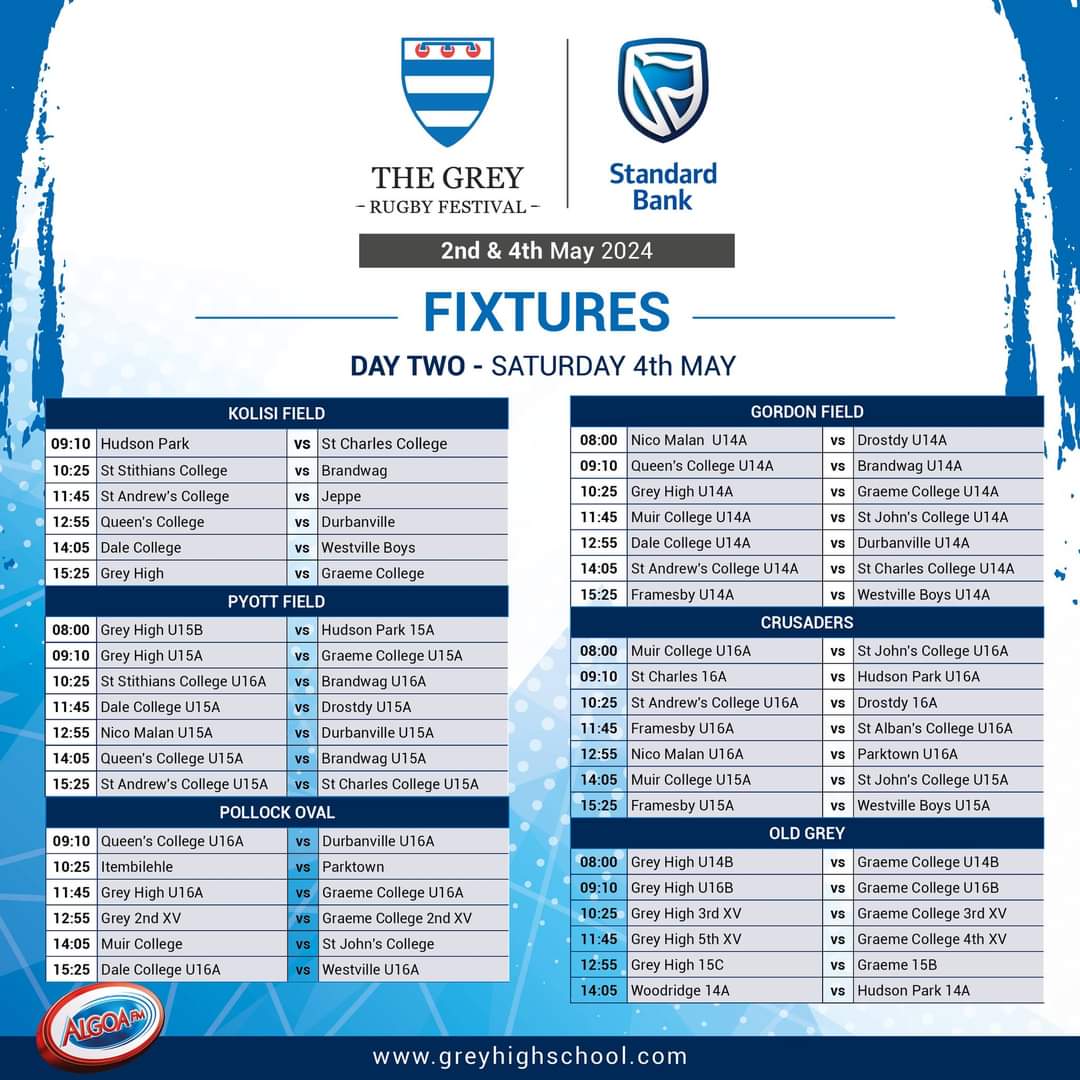 𝗙𝗜𝗫𝗧𝗨𝗥𝗘𝗦 𝗜 Get ready for an action-packed weekend of schoolboy rugby at the @StandardBankZA @GreyHighSchool Rugby Festival taking place on May 2nd and 4th. Check out the exciting lineups here ⬇️ #pegasuspublishing I #SchoolsRugby I #SkoleRugby
