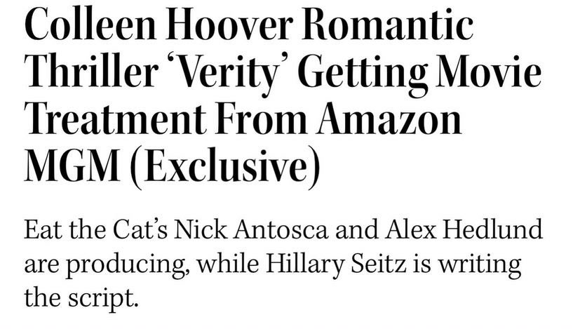 ⚠️ATENCIÓN⚠️ La novela #Verity de @colleenhoover será adaptada a película por @PrimeVideoES.