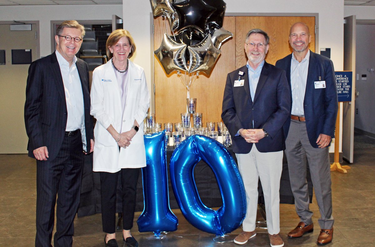 We had a few special guests join us at this morning's Grand Rounds. Thank you to President Price @DukeU, @DukeMedSchool Dean @MaryEKlotman, and CEO of @DukeHealth Dr. Craig Albanese for helping us celebrate Dr. Allan Kirk's 10-year anniversary as Chair of #DukeSurgery!
