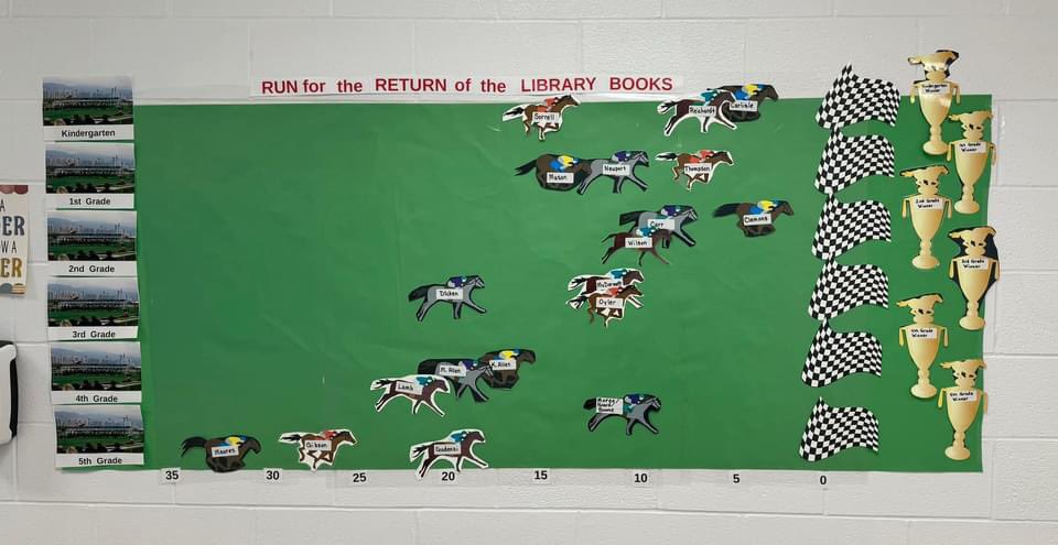 The Race is on for the Return of Our School Library Books!! Please help by looking under beds, couches, old bookbags, on bookshelves for any books that may belong to our school. We are still missing about 150 Library Books, help us get those returned! 🌟