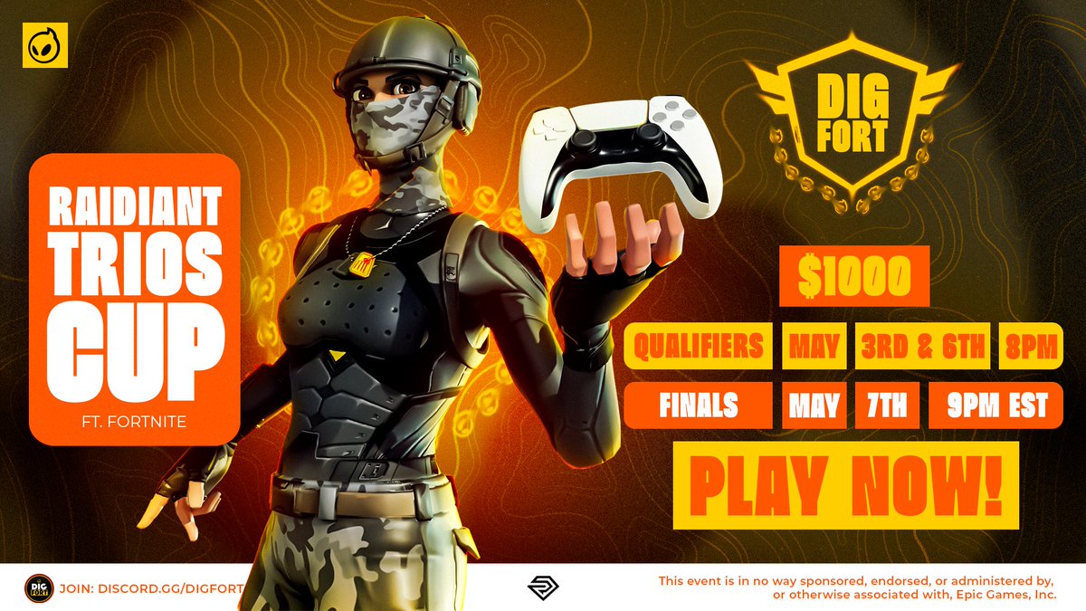 🏆DIG x Raidiant NAC Trios CASH CUP🏆 💰Compete for $1000 USD 📅Qualifiers: Friday & Monday 8pm EST 📅Final: Tuesday 8:00pm EST INVITING 5 TRIOS TO FINAL! Register: 📌RT & Reply with duo 📌Follow @GonnaNeedMilk @RaidiantGG 📌Join Discord: discord.gg/digfort