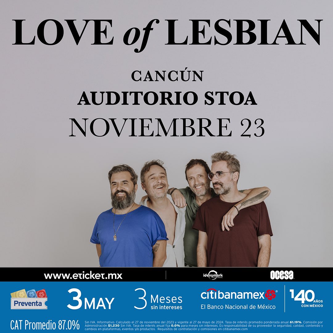 ¡Cancún también será parte de la gira de @loveoflesbian por nuestro país! ⚡️ #PreventaCitibanamex: 3 de mayo. Venta general a partir del 4 de mayo.