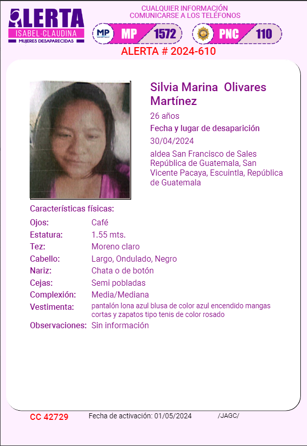 #AlertaIsabelClaudina 🚨 Ayúdenos a encontrar a SILVIA MARINA OLIVARES MARTÍNEZ Cualquier información comunicarse al teléfono 📞 1572 Gracias por difundir esta información❗