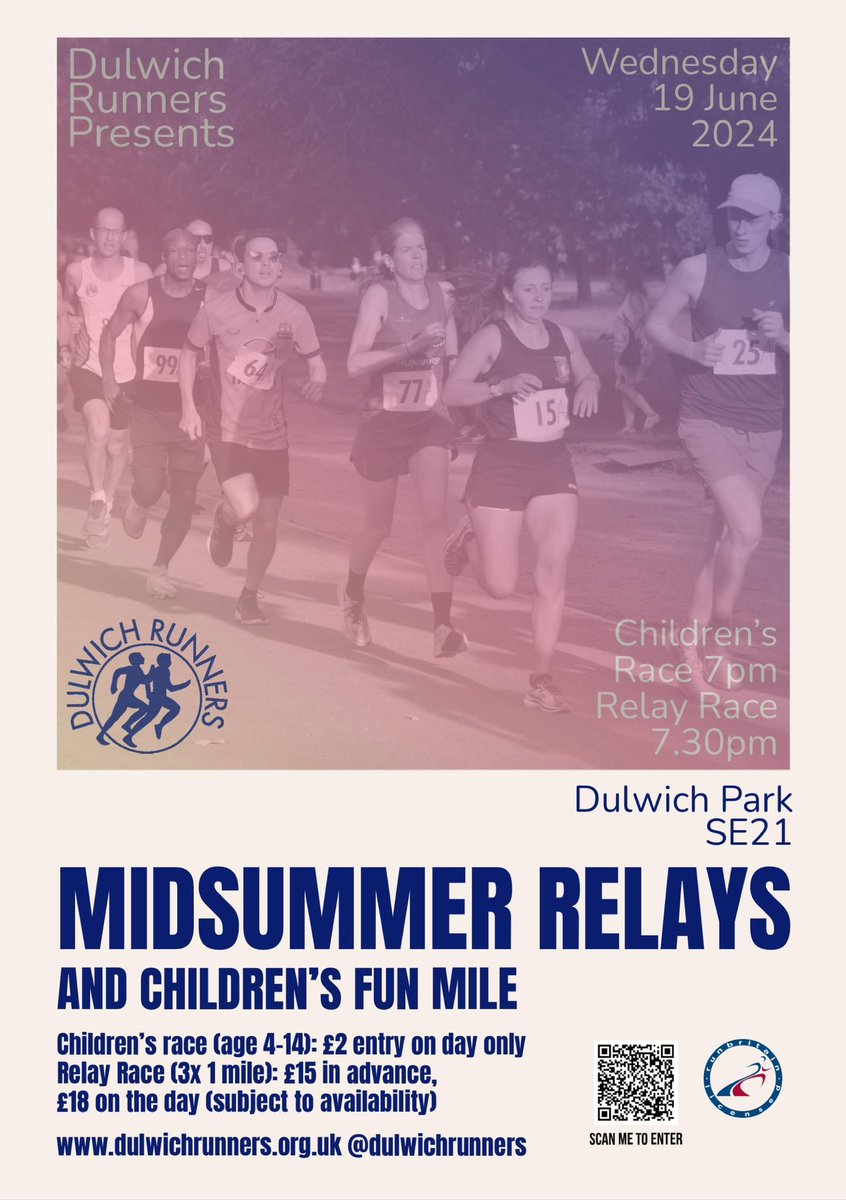 Dulwich Runners Midsummer Relays now open for booking at: data.opentrack.run/en-gb/x/2024/G…

Also don’t forget the children’s fun mile on the same night. All entries for the children’s fun mile on the day.