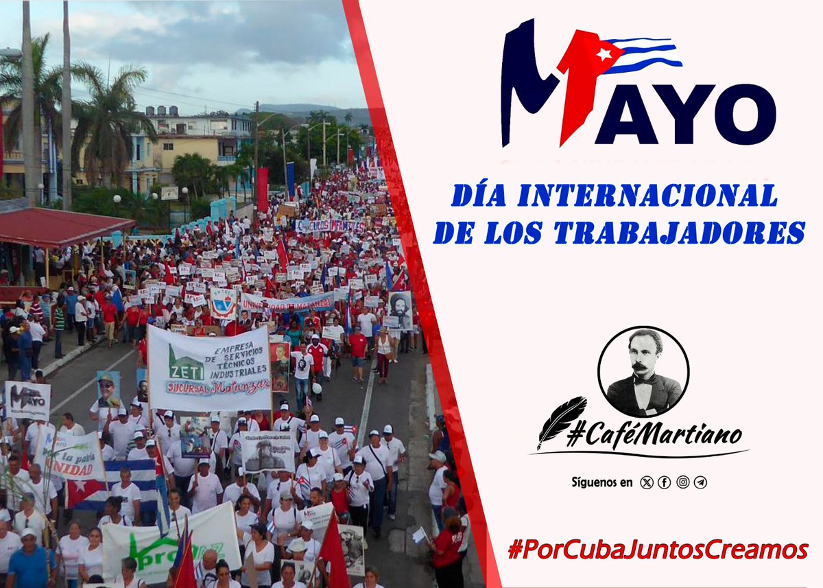 @cafemartiano @DiazCanelB @DrRobertoMOjeda @InesMChapman @EVilluendasC @DeZurdaTeam_ @ValoresTeam1 @agnes_becerra @TeresaBoue @mimovilespatria @GHNordelo5 Buenas tardes #CaféMartiano 🇨🇺 ¡¡¡Felicidades a todos los trabajadores cubanos!!! Hoy #1Mayo marchamos porque #PorCubaJuntosCreamos 🇨🇺, además de seguir denunciando el #BloqueoGenocida y exigiendo la paz del pueblo de Palestina 🇵🇸 Viva el Día Internacional de los Trabajadores‼️