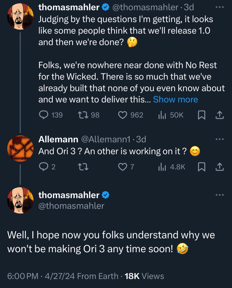 Moon Studios boss says: Well, I hope now you folks understand why we won't be making Ori 3 any time soon!

I’m happy about the ambition and dedication that they want to put into NRFTW but going almost going 5 to 10 years without a new ori title is a interesting choice

Sad rn :(