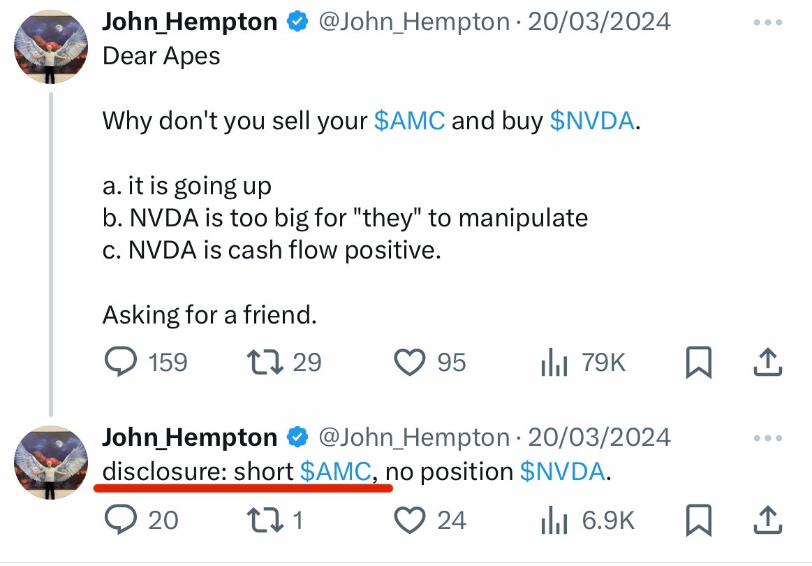 #AMC 

Dear @SECGov …

Is it legal for an acting Hedge Fund manager to make false and misleading statements of disclosure on public forums? 

Whichever way John cuts this, joke or not : this is breaking financial conduct rules. 

If it’s a joke then it’s a false declaration.