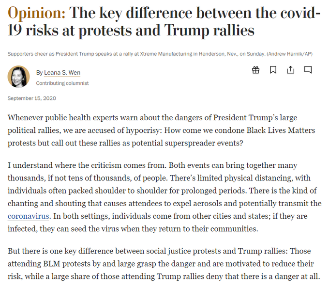 There were articles written, including one by Leanna Wen, on why the content of a protest changes the covid risk factor of attending it.