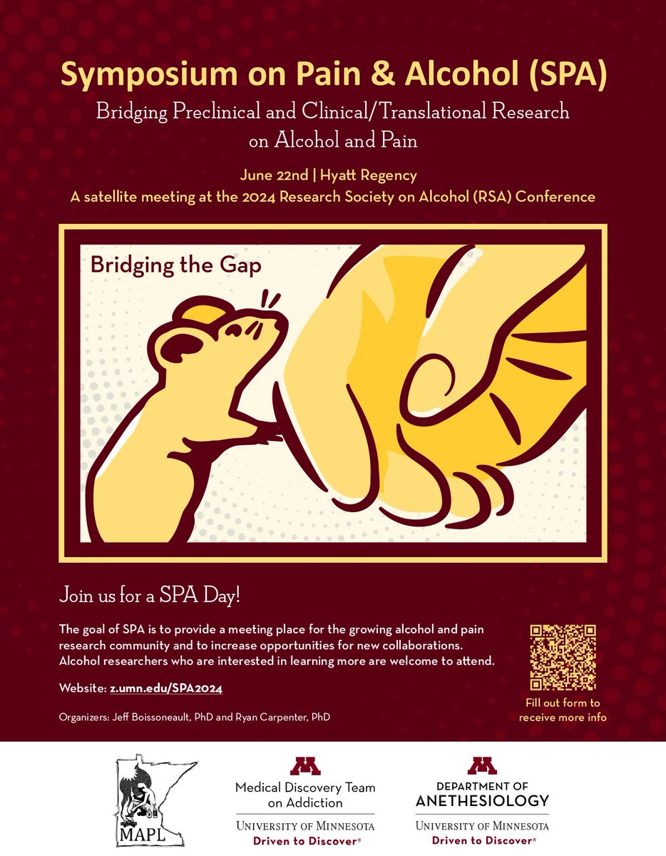 SAVE THE DATE for the Symposium on Pain and Alcohol! Join us to learn about cutting-edge research on pain and alcohol use. 📆 Saturday, June 22 🔗 More info & register at: bit.ly/3wnweOQ. @UMNanes | @UMN_MDTA | #Alcohol | #UMN