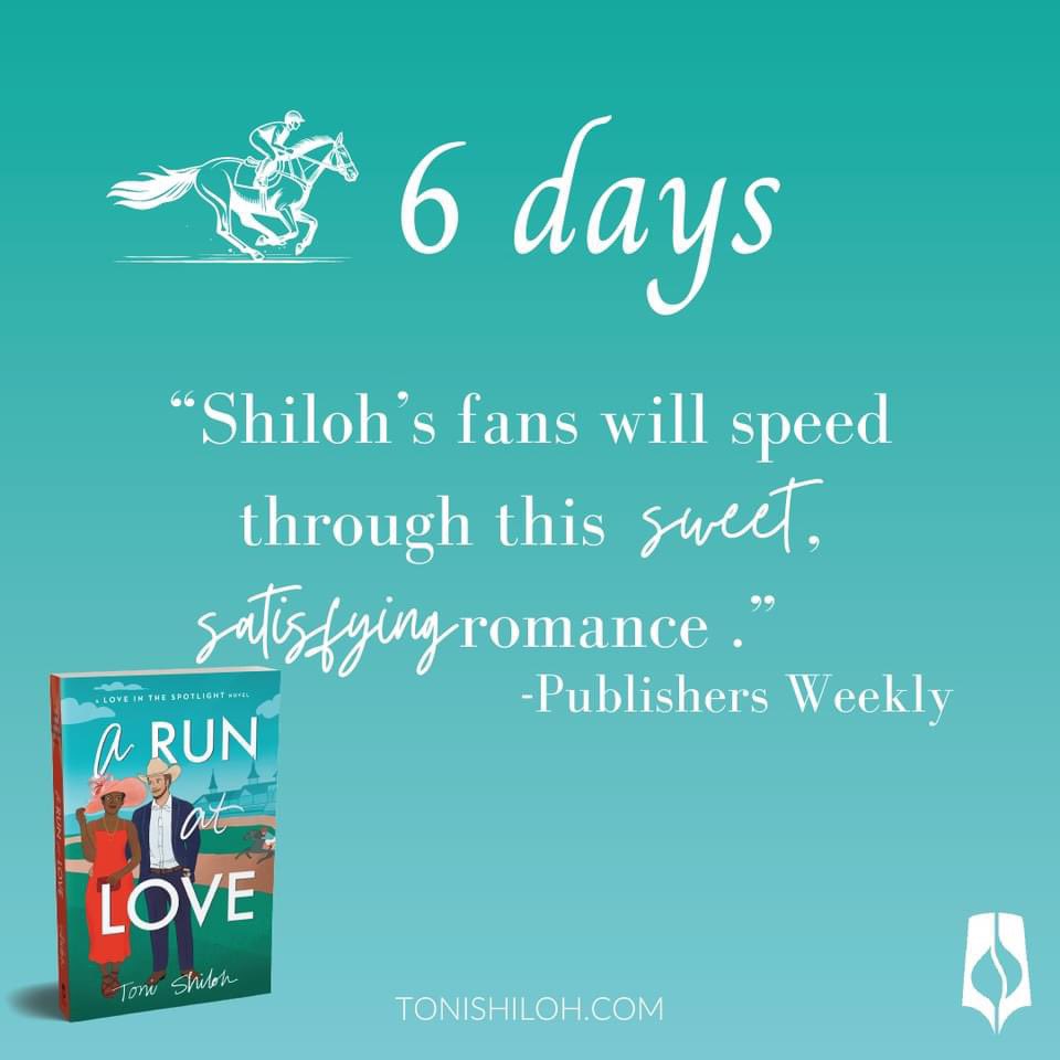 6 more days until A Run at Love by @tonishilohwrite releases. 
If you enjoy horses, diverse characters, and the Kentucky Derby, you don't want to miss this clean, sweet romance. 

#stepintoashilohbook #tonishiloh #cleanreads #diversereads #diversecharacters #christianromance