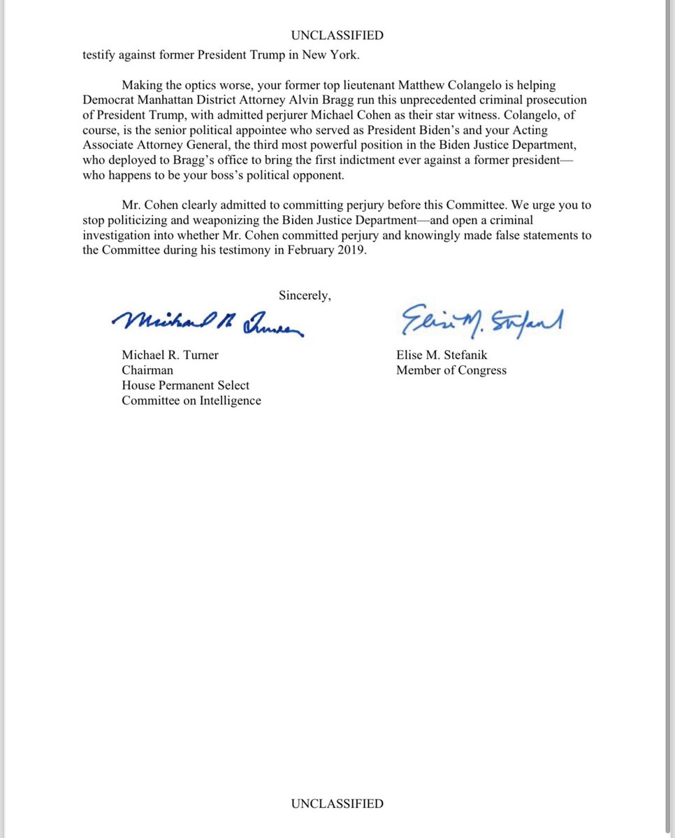 BREAKING: Today, @EliseStefanik and @RepMikeTurner, the Chairman of the House Permanent Select Committee on Intelligence sent a letter to US Attorney General Merrick Garland inquiring about why @MichaelCohen212 hasn’t been held accountable or investigated by the DOJ for…