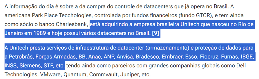 Informação PREOCUPANTE⚠️ sobre aquisição, por norte-americanos🚨, do controle de datacenters no Brasil responsáveis por armazenamento e proteção de dados de Petrobrás, FAs, BB, Anac, ANP, Anvisa, Embraer, Fiocruz, Furnas,IBGE, INSS, STF
Via @marcos__dantas
brasil247.com/blog/big-techs…