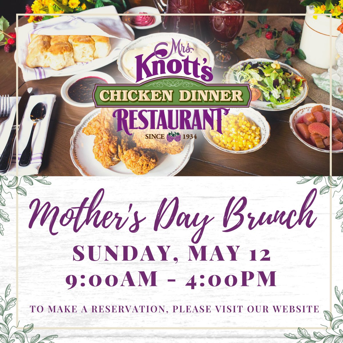 Celebrate Mother's Day with an exquisite champagne brunch at Mrs. Knott's Chicken Dinner Restaurant! Enjoy prime rib, custom omelets, our signature fried chicken, and more! Join us on Sunday, May 12, from 9:00am - 4:00pm (last seating at 3:00pm). - bit.ly/4a7RXYR