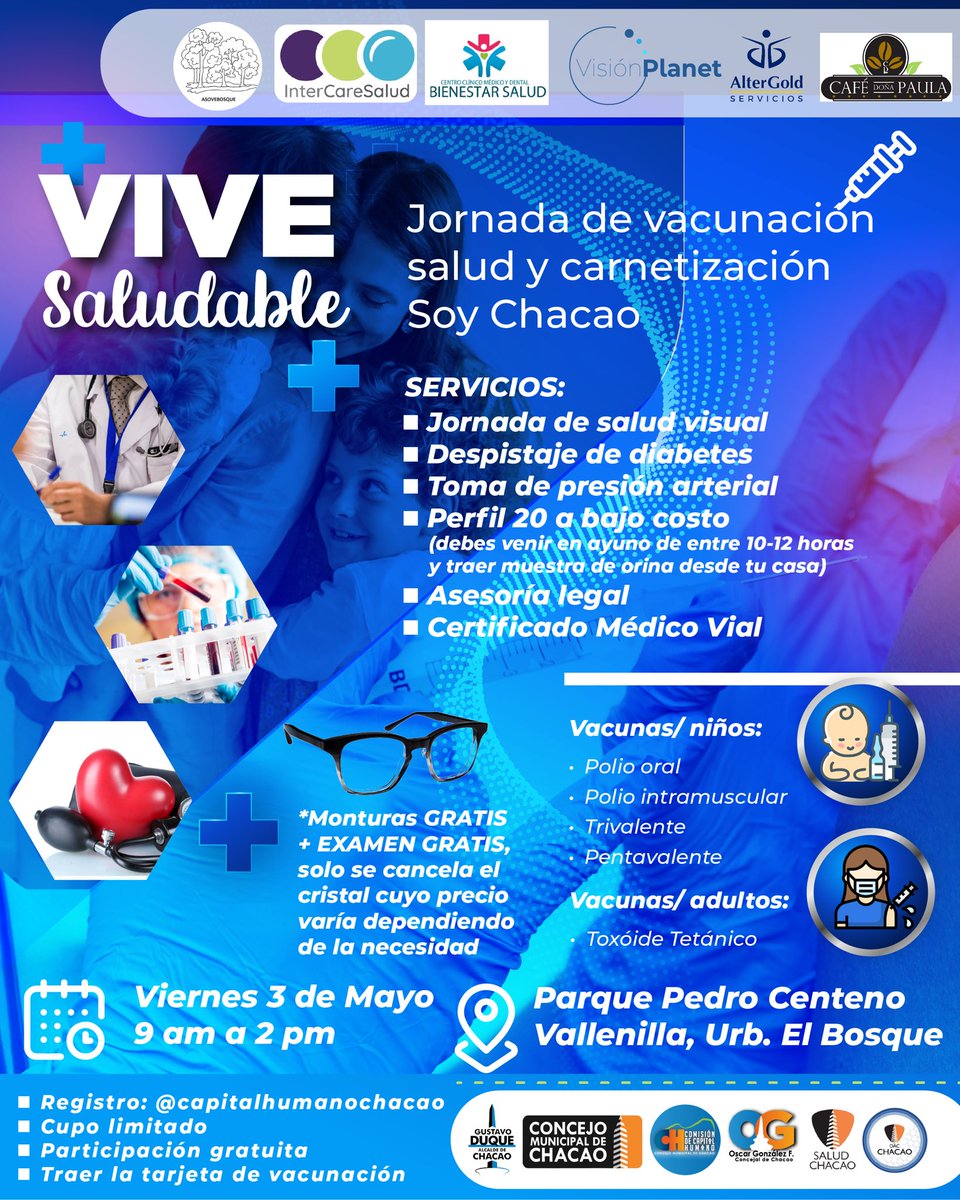 #1May | Los invitamos a nuestra actividad “Vive Saludable: Jornada de vacunación y de carnetización Soy Chacao”, en el Parque Pedro Centeno Vallenilla, Urbanización El Bosque, este #3Abr de 9 a.m hasta las 2 p.m. Link de inscripción: forms.gle/GxVg3qEZ3vxEkC…, Cupos limitados ✅