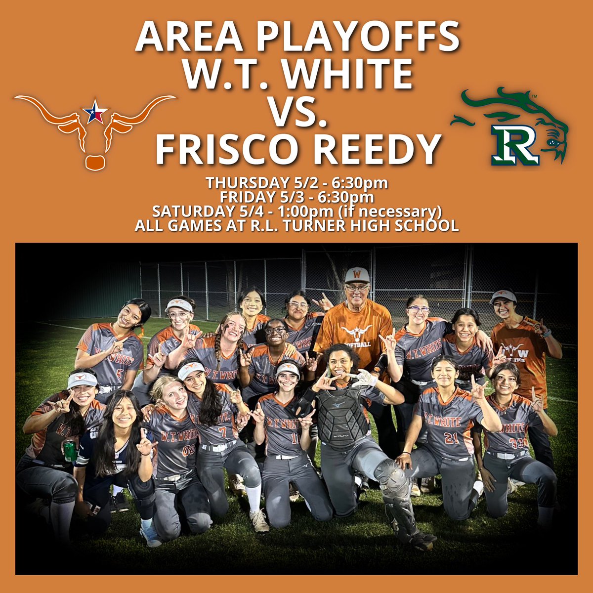 Come out and support @wtwhitesoftball vs. Frisco Reedy in Round 2 of softball playoffs - starting tomorrow night - HORNS UP! 🤘🏽🧡🤍 @wtwhitevt @WTWHighSchool @dallasathletics @Gosset41 @ihss_dfw @SportsDayHS