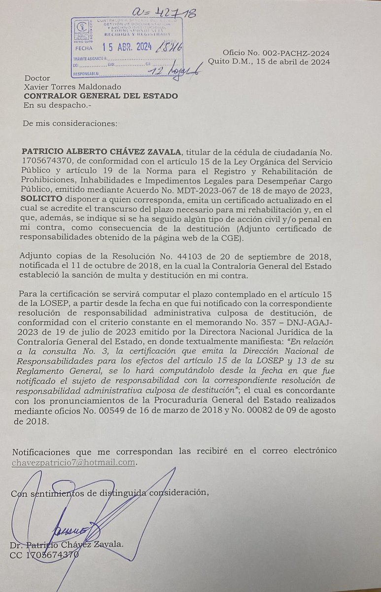 Me tomo su palabra Sr. Contralor. Celebro su mensaje, el país merece una @ContraloriaECU de “no persecución” Aprovecho la oportunidad para solicitarle comedidamente, una vez que el día de hoy precluyó el término de diez días para que se me entregue por parte de la institución…