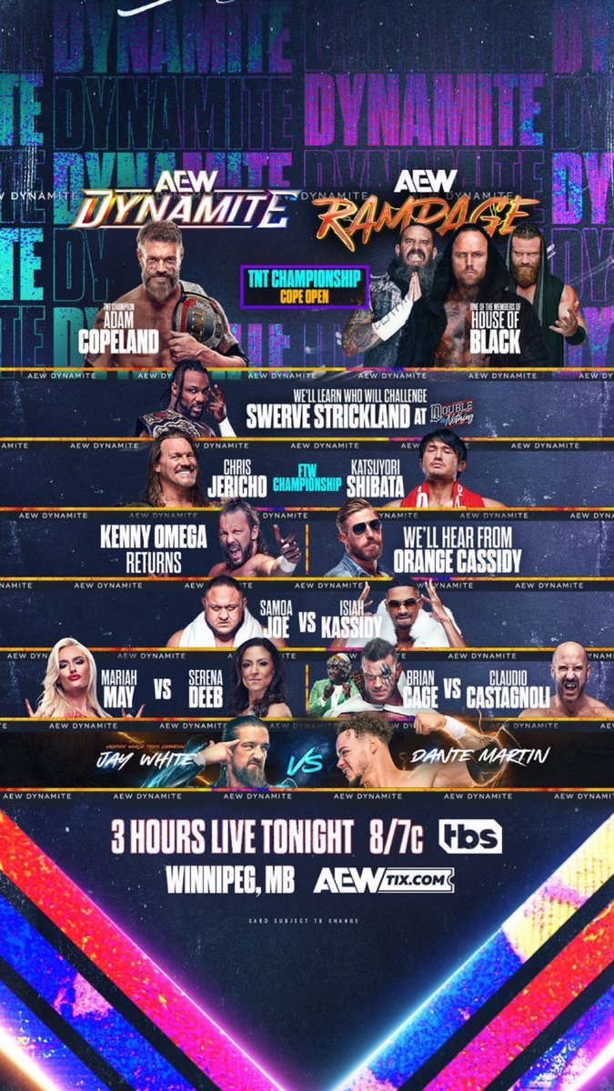 Let’s Go !!! TONIGHT, 3-Hours of #AEW Dynamite + #AEWRampage starts at 8pm ET/7pm CT on TBS