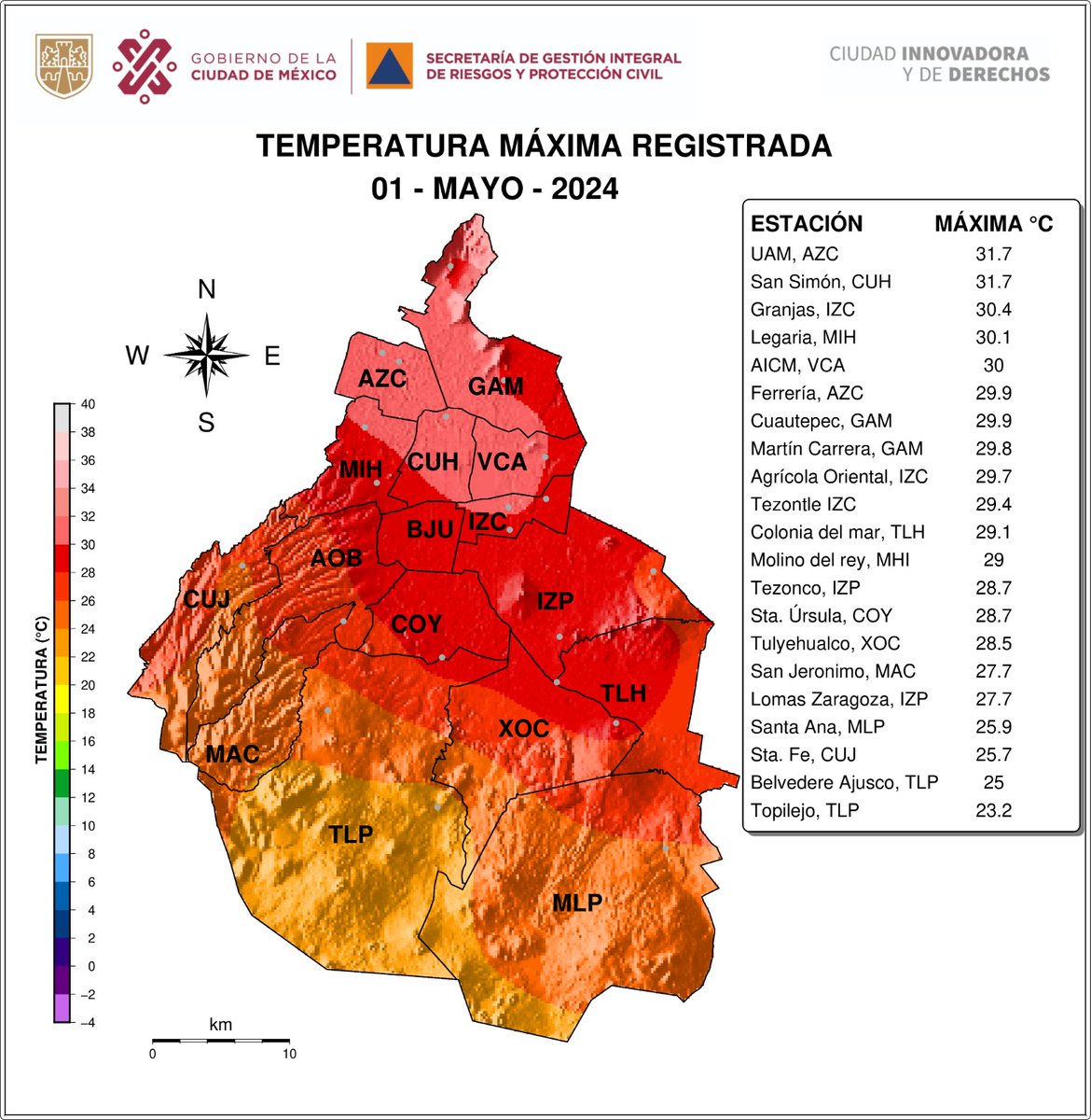 Distribución espacial de las temperaturas máximas registradas el 01/05/2024 por las redes de estaciones de: SGIRPC, CONAGUA y SENEAM. #TrabajandoJuntos #LaPrevenciónEsNuestraFuerza