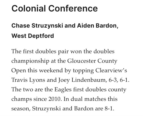 Congrats to Chase and Aiden…Colonial Conference Players of the Week for Boys Tennis