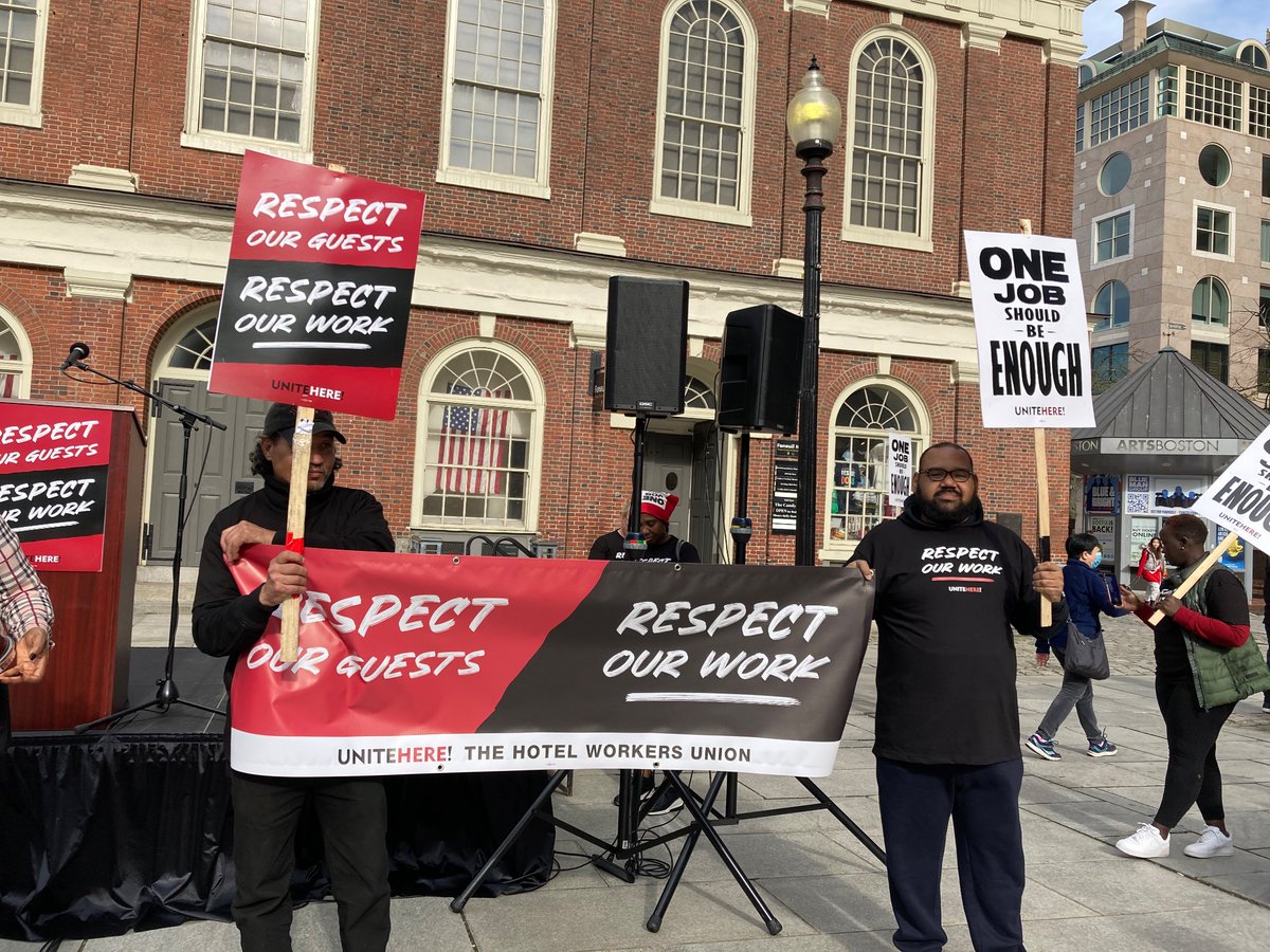 LIVE! Boston Hotel Workers are rallying in Sam Adams Park at Faneuil Hall! We need a fair Union contract to provide the quality service that our guests pay for, especially as hotel room rates have reached record highs. #1u