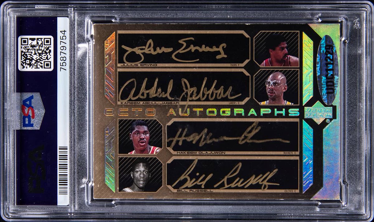 OCTO AUTO! This 2007-08 Upper Deck Black Octo Autographs Gold Jordan/James/Johnson/Bird/Erving/Abdul-Jabbar/Olajuwon/Russell Multi-Signed Card (#2/5) is available in our historic #Goldin100 Auction Bid here: bit.ly/3w7fw6p