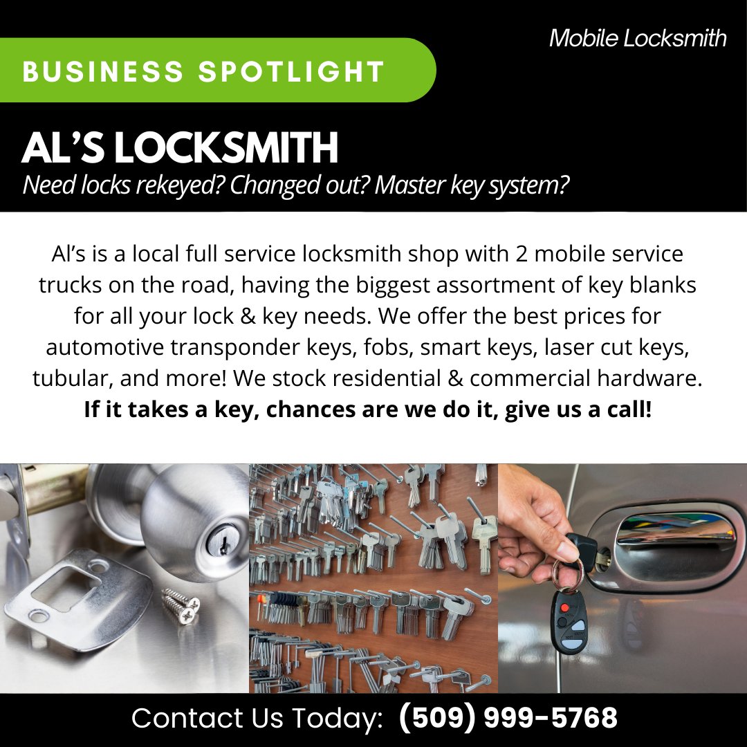 🔐 If you are looking for a mobile locksmith, look no further than Al's Locksmith! Need locks rekeyed? Changed out? Master key system?

➡️ Contact Al's Today: ow.ly/KQXQ50RqgLs

#BusinessSpotlight #Locksmith #SpokaneWA