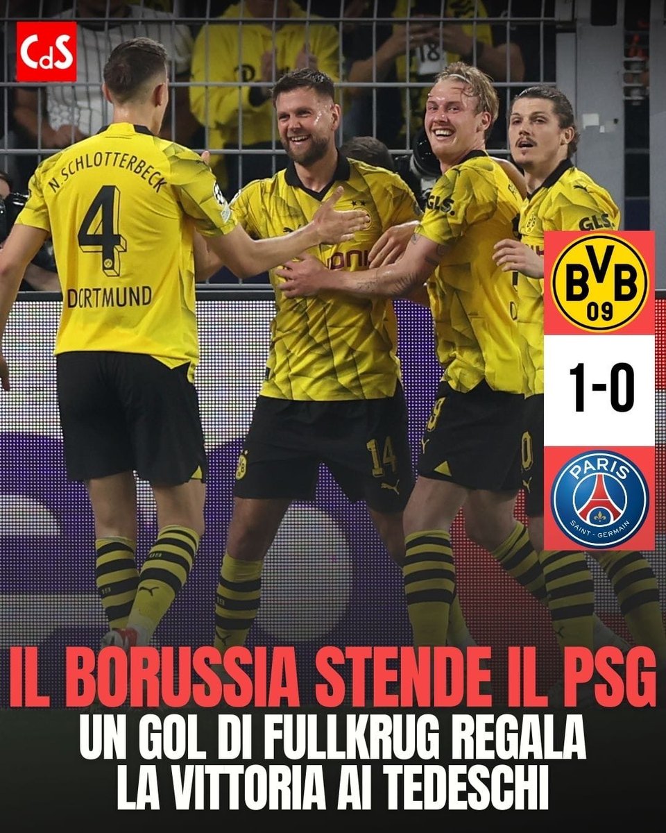 Questa notte è tedesca🤩

Avvio a ritmi alti tra Dortmund e PSG, ma è il  sinistro fulminante di Fullkrug a decidere la gara  💫

#Corrieredellosport #DortmundPSG