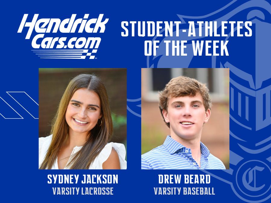 Congratulations to senior Sydney Jackson and senior Drew Beard Senior of the lacrosse and golf team, our HendrickCars.com Student-Athletes of the Week. For more information about these players, visit charlottechristian.com/athletics. #GoKnights #ccsKnights