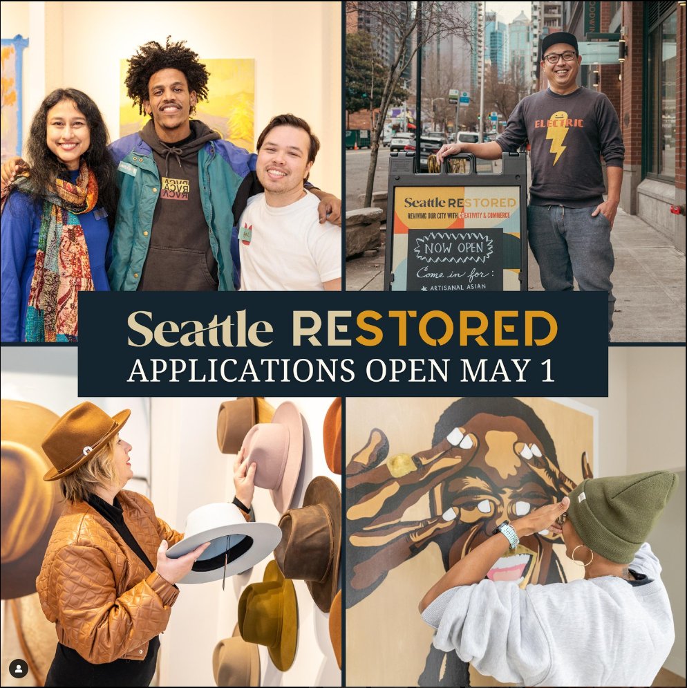 Hey Seattle entrepreneurs and artists! 🌟 Applications for the Seattle Restored program are officially open! Details and application: seattlerestored.org/application/ #SeattleRestored #DowntownIsBuzzing #DowntownActivationPlan #GrowingBusinesses