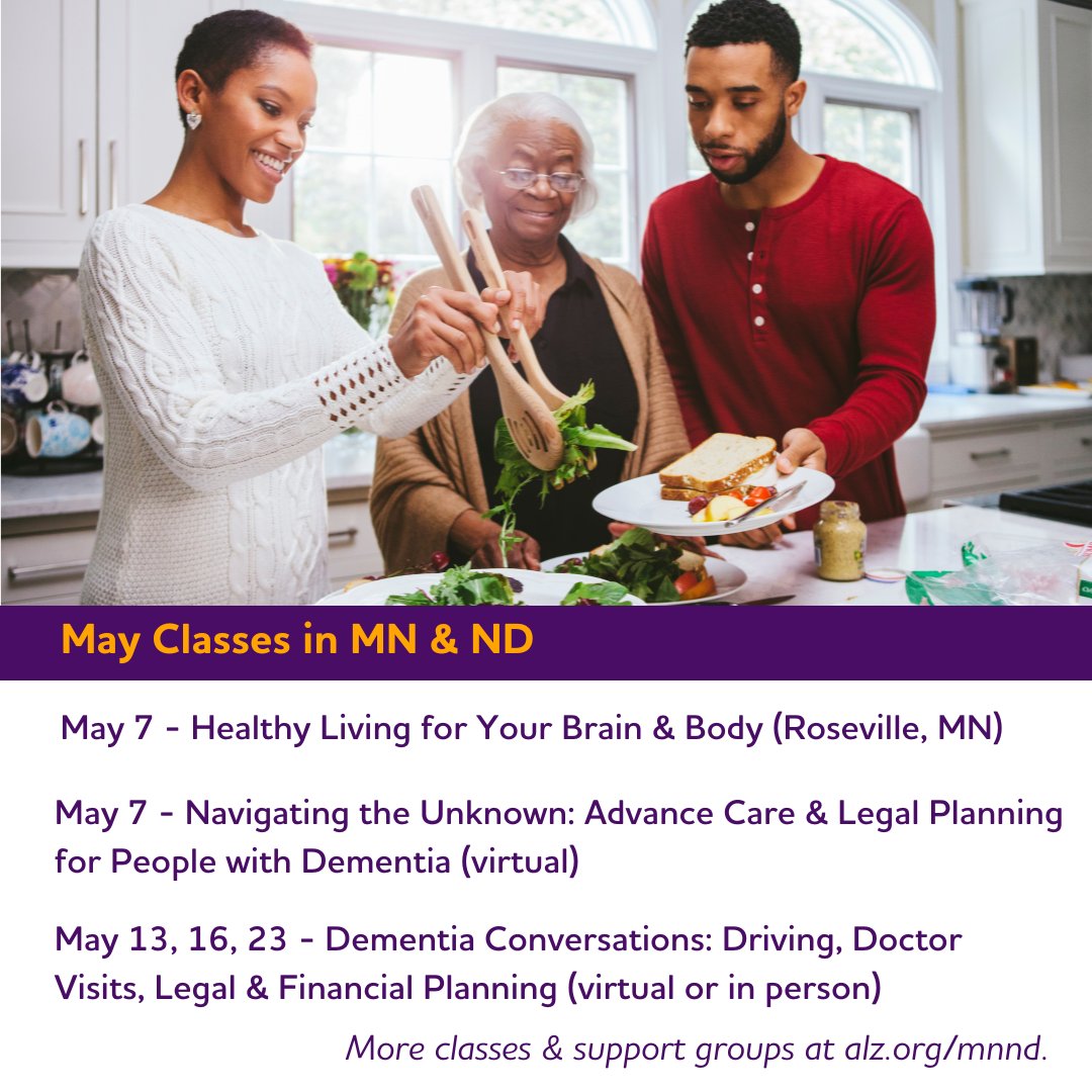 This May, find helpful support and resources by attending one of our no-fee classes or support groups for individuals living with Alzheimer's or another #dementia, and those who care for them. Virtual or in person. alz.org/mnnd/helping_y…