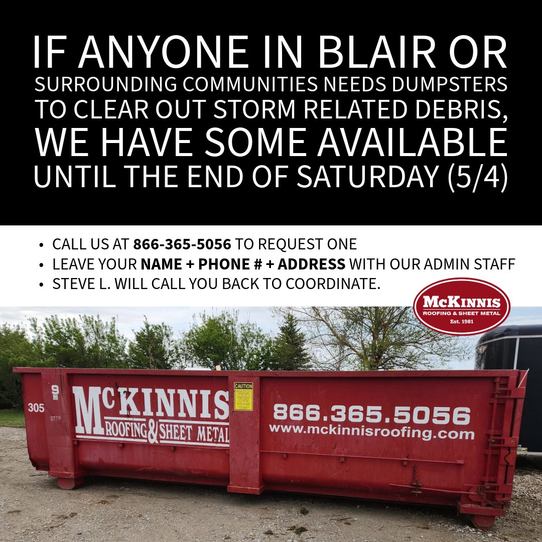 Does your neighborhood need a dumpster for clearing out storm-related debris?  We have some available until the end of Saturday!
📞Call us: 866-365-5056
#dumpster #stormdebris #nebraska