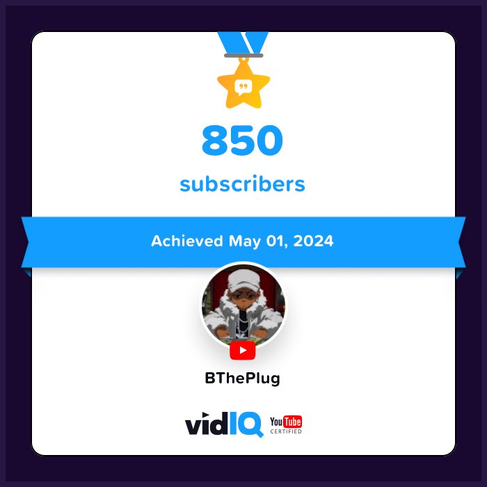 🏆 My YouTube channel achieved 850 subscribers on 1st May 2024! Track and celebrate your own success today for free with @vidIQ vidiq.com/certificates/R…