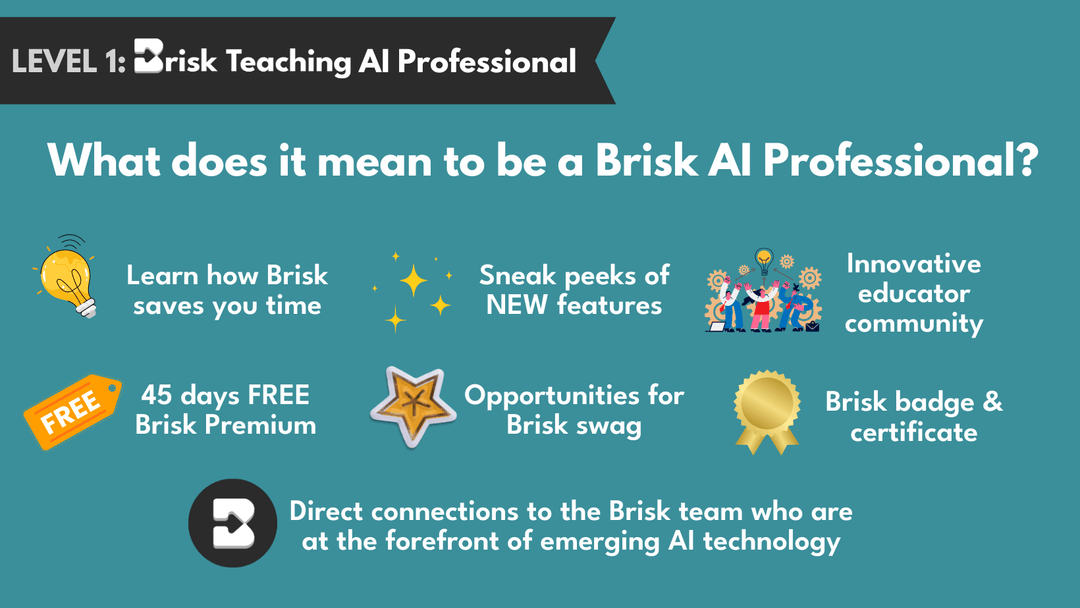 ✨Are you a certified BRISK AI PROFESSIONAL yet? 

Dive into how Brisk saves you time and connect with fellow AI educators in our community. Plus, enjoy exclusive perks! See you there 😀 #AIinEducation #BriskAI #BriskChromeExtension #AICertification #AIforTeachers