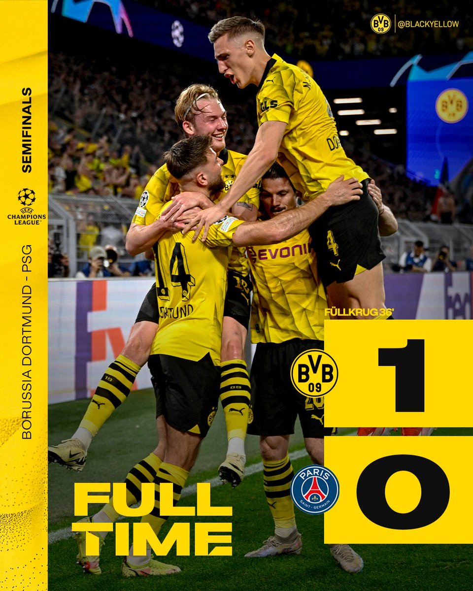 🟡⚫️ UEFA Şampiyonlar Ligi yarı final ilk maçında Borussia Dortmund, sahasında PSG'yi 1-0 mağlup etti #UCL ⚽️ 36' Füllkrug