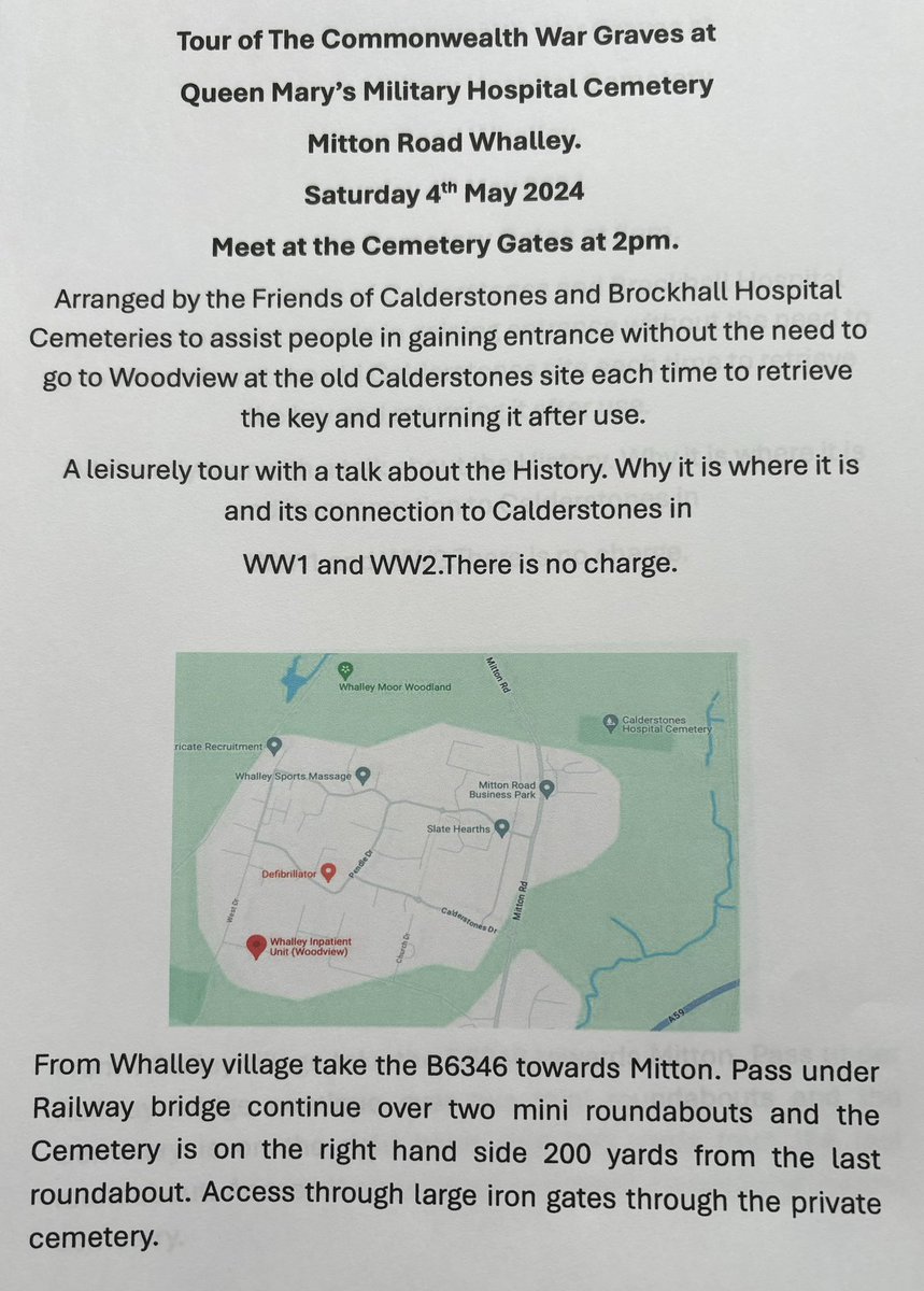 A gentle reminder to meet at Calderstones cemetery gate at 2pm on Saturday 4th May. Informal walk through the Cemetery to the War graves answering questions all along the way.History of the Hospital and War Graves. 
#Whalley
#Billington
#Langho
#Wiswell
#Barrow
@FCBHCLancs