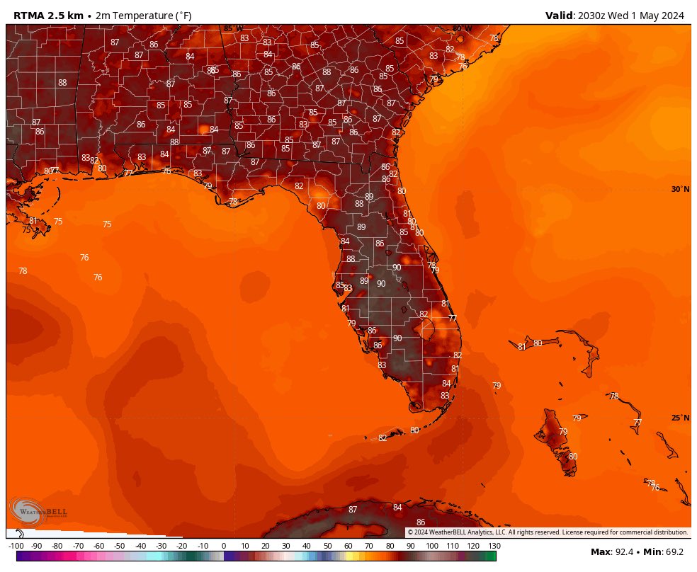 Current temperatures outside on this first day of #May does look very warm all across #CentralFlorida.  An east coast sea breeze is now making its way inland…meaning a few isolated showers are starting to develop in some places.  #flwx #wxtwitter