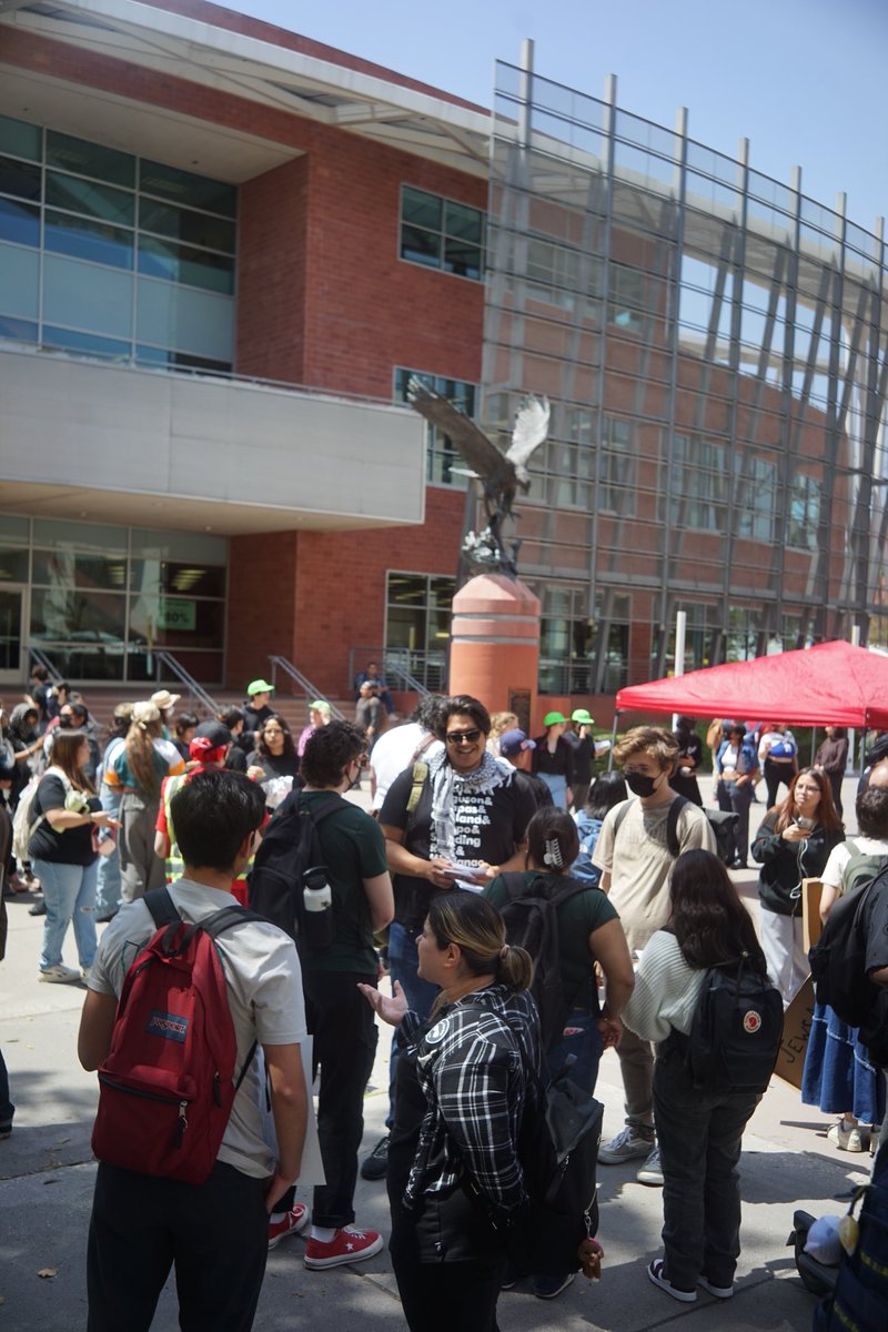 Here at @CalStateLA covering the May Day demonstration. Good size turnout on campus.
