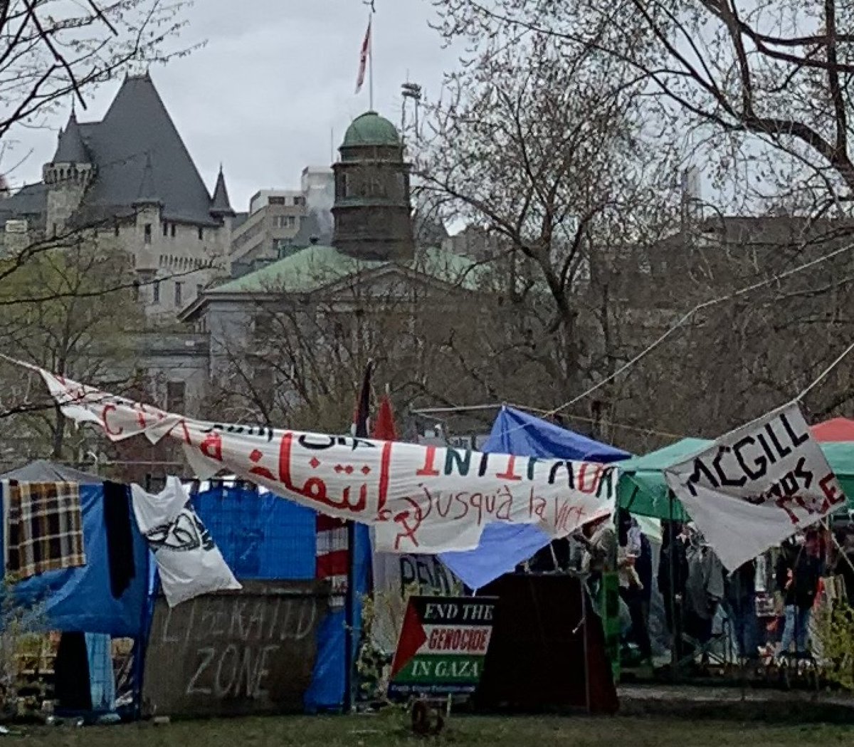 mcgillcivis (@mcgillcivis) on Twitter photo Feckless administrators <a href="/mcgillu/">McGill University</a> allow illegal encampment advocating violence against Jews. This image shows a banner reading: "From the River to the sea" in Arabic; "Intifada," and ominously a hammer and sickle next to "until victory" in French. Feckless administrators <a href="/mcgillu/">McGill University</a> allow illegal encampment advocating violence against Jews. This image shows a banner reading: "From the River to the sea" in Arabic; "Intifada," and ominously a hammer and sickle next to "until victory" in French.