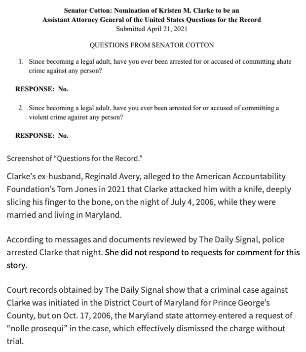 Legal Check: False. On April 21, 2021, Biden DOJ official Kristen Clarke stated under oath she has never been 'arrested for or accused of committing a violent criminal against any person.' On July 4, 2006, police arrested her for attacking her husband with a knife. Perjury.
