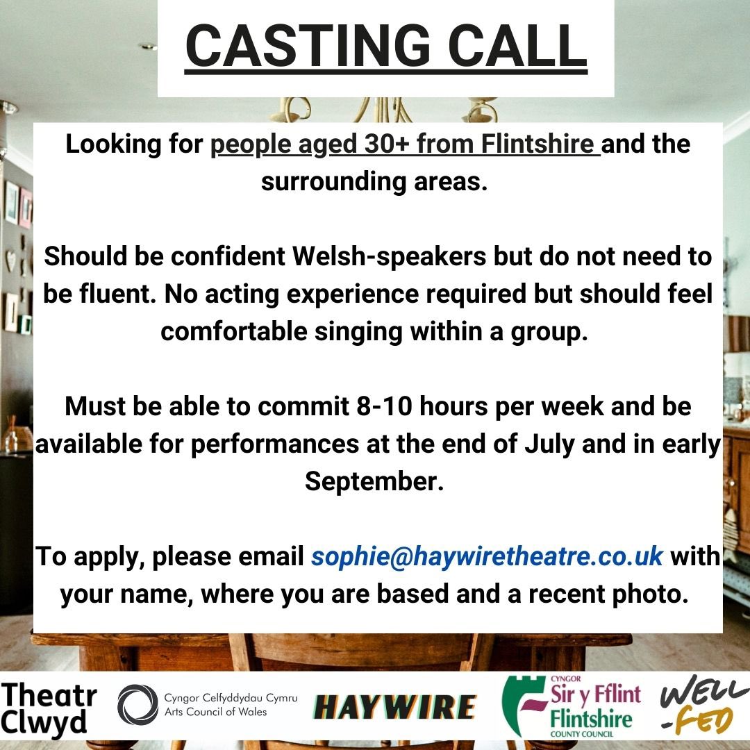#castingcall 

Casting Call - Looking for people aged 30+ from Flintshire, Wrexham and Denbighshire to form the ensemble cast in upcoming production from @haywiretheatre 

Please spread the word!